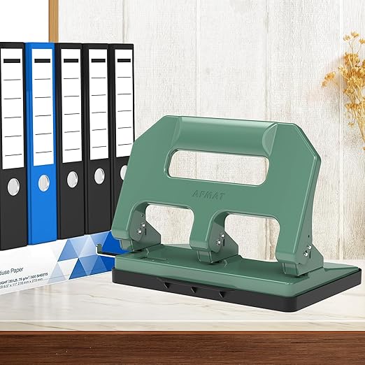 AFMAT HPX1 Heavy Duty 3 Hole Punch, 3 Hole Puncher for Binder, 40-Sheet Three Hole Punch w/ 10000+ Uses, Metal Hole Puncher 3 Ring, 50% Reduced Effort, Bulit-in S.S. Paper Guide (Green)