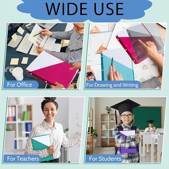 Maitys 50 Pack Binder Pockets 3 Hole Punch Clear Plastic Document Folders Binder Organizer Store Letter Size 8.5x11 Inch Paper Folders with Pockets Slash File Jacket for Office (Dark Color)