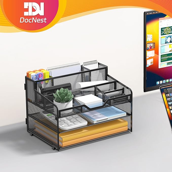Docnest 3 Tier Mesh Desk Organizer for Paper Office Supplies – Multi-Functional Letter Tray with 5 Adjustable Compartments, 3 Pen Holders, Desktop Storage for Files, Mail, Stationery – Black