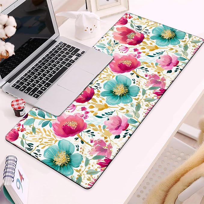 Gaming Mouse Pad, Watercolor Pink and Teal Flowers Floral Large Desk Mat for Keyboard and Mouse,Non-Slip Rubber Base and Stitched Edges Desk Pad for Home Office 35.4x15.7in