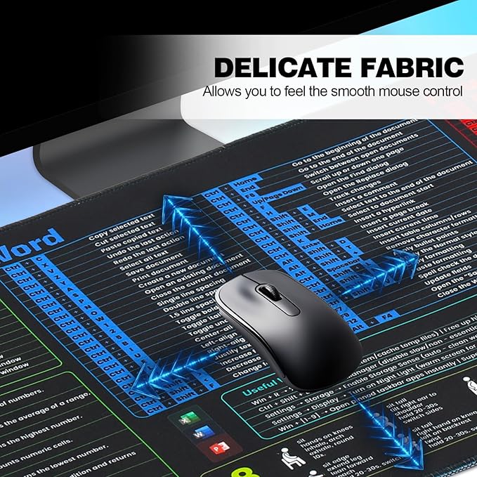 Linoows Office Shortcut Mouse Pad, Extra Large 31.5 x 11.8 Inch Gaming Mouse Mat, PC 200+ Hotkeys Keyboard Mousepad for Excel/Word/PPT/Windows, Waterproof Non-Slip Desk Pad with Stitched Edge