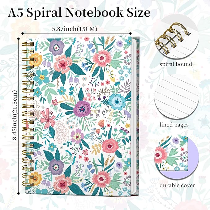 Spiral Notebook Journal for Women Men, A5 Hardcover Journal, 120 Pages Thick Paper, College Ruled Writing Notebook for School, Work & Office 8.3'' × 5.9''(Colorful Spring Flowers)