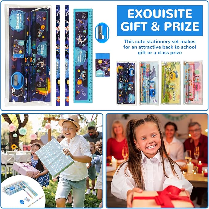 24 Sets Back to School Gifts Cute Stationery Set Back to School Supplies First Day of School Bithday Gifts Including Pencils Eraser Ruler Sharpeners for Classroom Rewards