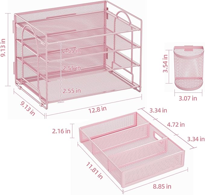 Marbrasse Desk Organizer and Accessories4-Tier Paper File Letter Tray Accessories & Workspace Desk Organizers with Drawer and 2 Pen Holders for School Home Office Supplies(Pink)