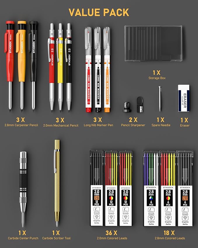 22 Pack Carpenter Pencil Set with Sharpener, Mechanical Carpenter Pencils with 60 Refills, Deep Hole Long-Nib Marker Pens, Carbide Scribe Tool & Construction Pencils for Architect with Case