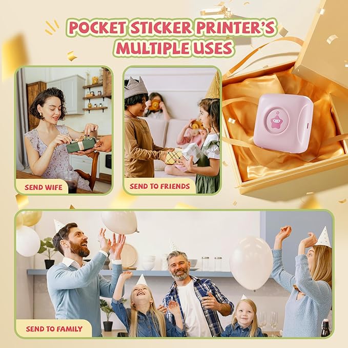 vretti Sticker Printer - TP2-Y Mini Portable Thermal Printer with 10 Rolls Thermal Paper, Inkless Sticker Maker Machine Bluetooth Mini Pocket Printer for iPhone, Study Graphics, Photos, Students