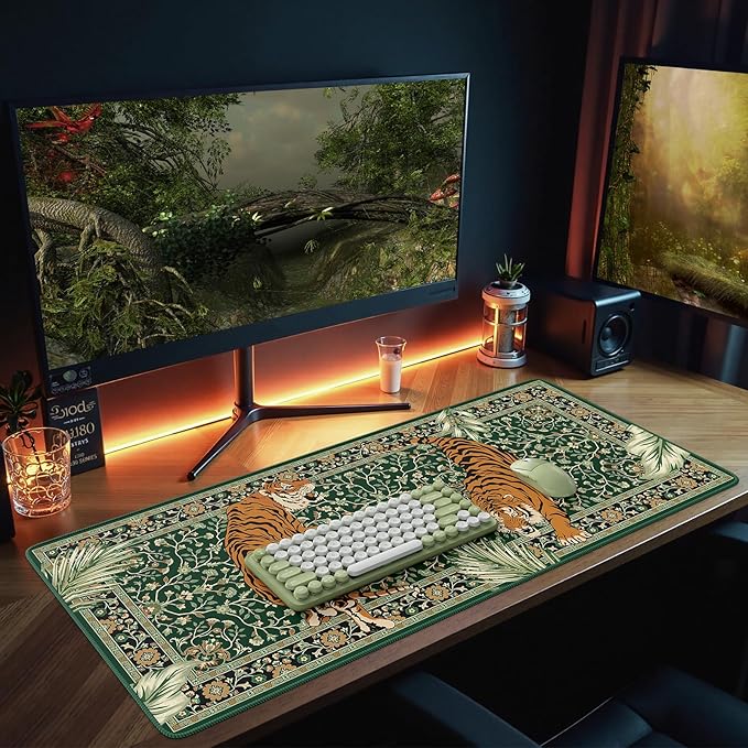 HAOCOO Large Gaming Mouse Pad, Desk Protector Mat with Stitched Edges, Non-Slip Keyboard and Mouse Pad, 35.4" x 15.7" Green Desk mat for Gamer, Water Resistant Mouse Pad Work from Home