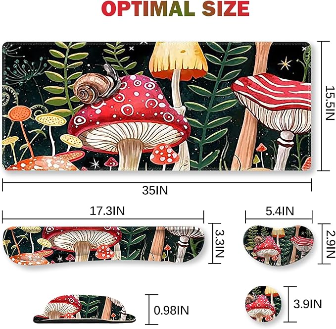 ARTSO Large Gaming Mouse Pad, Keyboard Wrist Rest Pad & Wrist Support Mousepad Set, Stitched Edge, Extended, Non-Slip Base, Memory Foam Desk Mat for Office, Home, Snail Mushroom