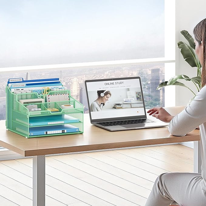 Lavatino Desk Paper File Organizer - Metal Mesh with 2 Letter Trays, 7 Flexible Dividers, 2 Vertical File Folder Holders for Office/Home/Classroom Supplies, Desk Organizers and Accessories, Green