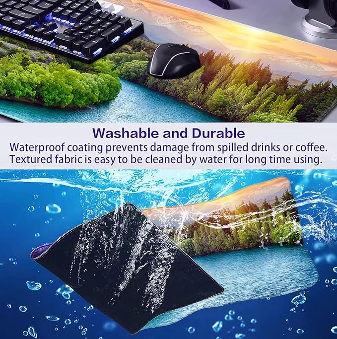 Large Extended Gaming Mouse Pad with Stitched Edges, Non-Slip Waterproof Rubber Base Mouse Pad for Office, Computer, Keyboard, Laptop and Home Desk Pad 35.4 x 15.7 x 0.12 Inch (Sunset Forest)