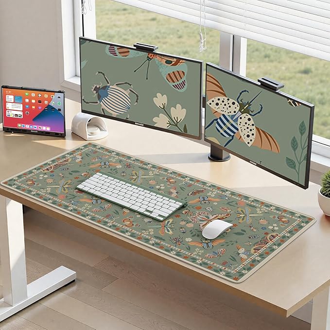 HAOCOO Keyboard Mat, Green Desk Mat for Keyboard and Mouse, Floral Desk Mat with Non-Slip Rubber Base, Computer Mats for Desktop, Large Waterproof Mouse Pad for Desk, Gaming & Office