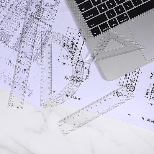 6 PCS Clear School Rulers Set, 2 Straight Rulers 12|6", 2 Protractors 180 Degree, 2 Triangle Ruler 45 | 60 Degree, Geometry Math Ruler Measuring Tool for School Office Home