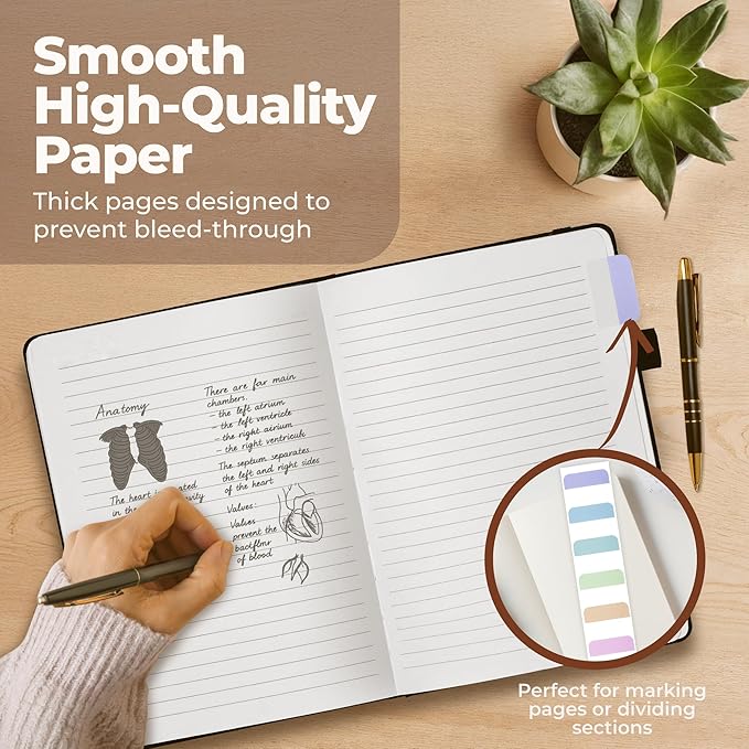 Classic Lined Journal Notebook 8.5x11" A4 Hardcover Leather - Black - 200 Pages College Ruled Large with Sticky Tabs, Pockets, and Pen Loop for Writing and Journaling - Big Hardback Men and Women