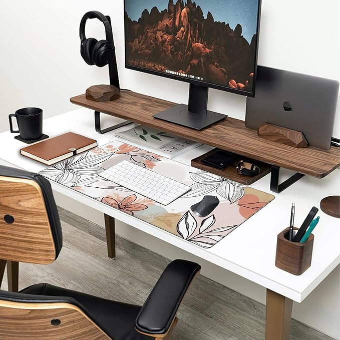 Large Gaming Mouse Pad for Desk, Abstract Flowers and Leaves Desk Mat for Desktop, Non-Slip Rubber Base Stitched Edges Long Computer Keyboard Mouse Mat Desk Pad for Home Office Gaming 35.4"X15.7"