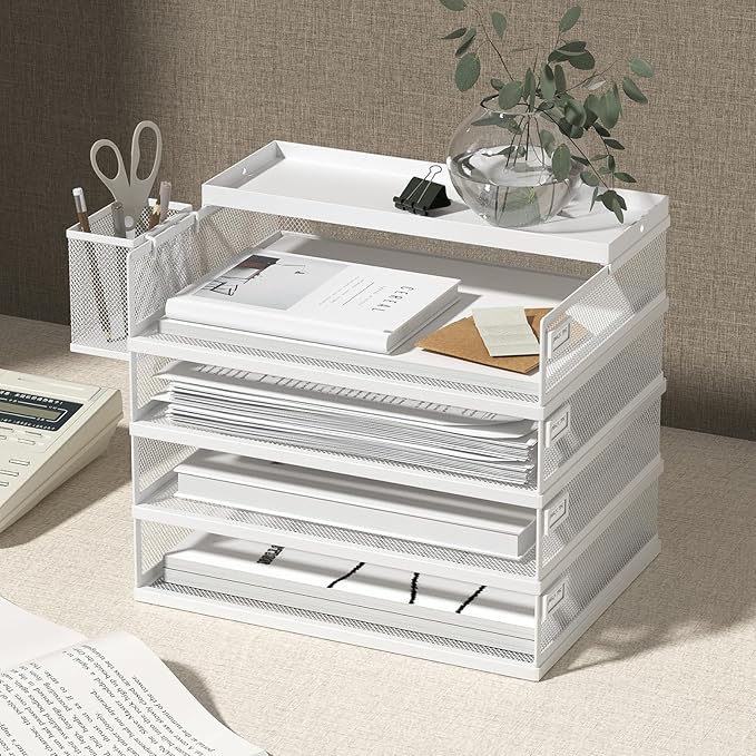 Metal Stackable Letter Trays, 4-Tier Desk Organizer & Paper Trays for Office, Stackable File & Document Tray with Magnetic Labels,White