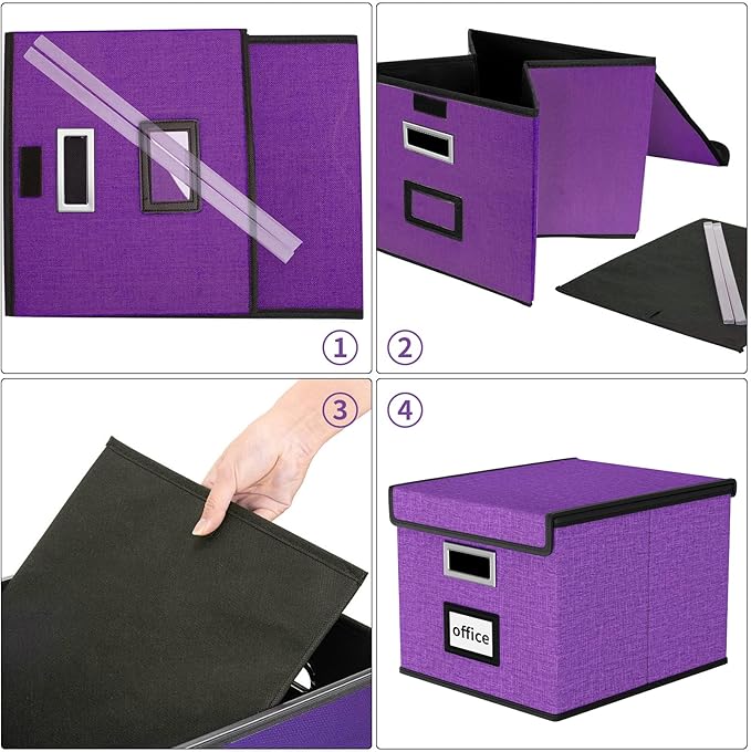 Huolewa File Organizer Box with Lid, Collapsible File Folder Organizer for Office Document Storage, Filing Box with Plastic Slide for Letter/Legal Size Hanging Files, Purple