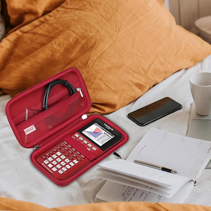 BOVKE Hard Travel Case for Texas Instruments TI-84 Plus CE/TI-84 Plus/TI-83 Plus CE/TI-83 Plus/Casio fx-9750GIII Graphing Calculator, Mesh Pocket for USB Cables, Manual, Pens, Accessories, Red