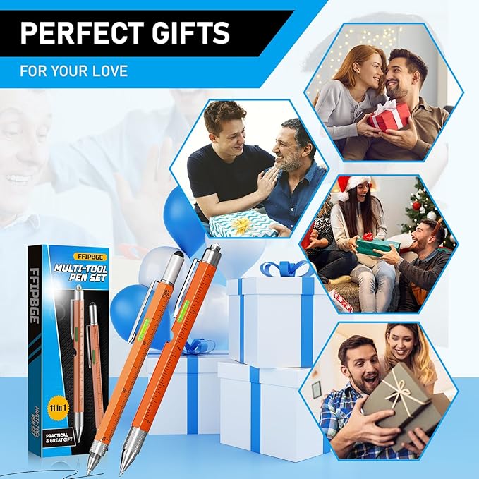 Christmas Stocking Stuffers for Men Adults, 2 Pack Multi-Tool Pen Set, 11 in 1 Multitool Pen with LED Light, Ruler, Level, Screwdriver, Stylus, Flathead, Birthday Gifts for Men, Husband, Him, Orange