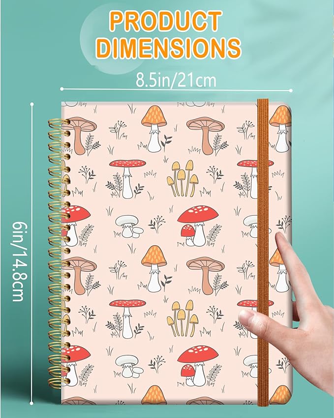 Ruled Spiral Writing Notebook,A5 Hardcover Lined College Journal for Women,Strong Twin-Wire Binding with Premium Paper,8.4" X 6",Perfect for School,Office,Home(Pink Mushroom)