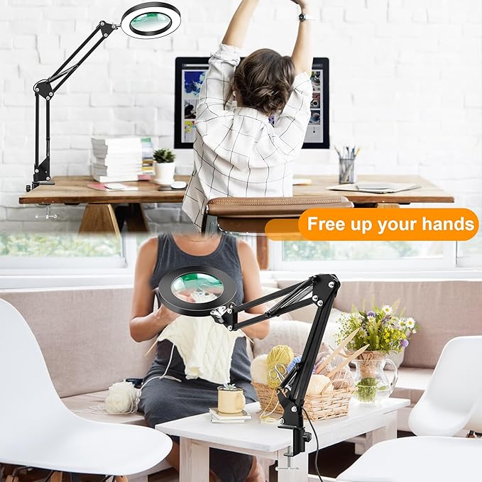 10X Magnifying Glass with Light and Stand, 2-in-1 LED Magnifier Desk Lamp, 3 Color Modes 10 Level Dimmable, Hands-Free Lighted Magnifier for Craft Repair Nail Reading Close Works (Black, Base)