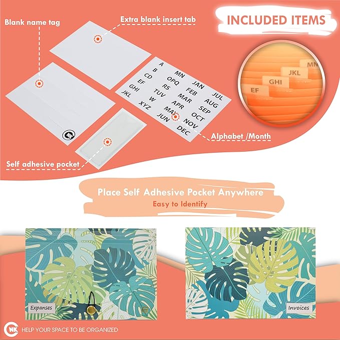 CNK File Folders Organizer with 13 Pockets Accordion Expanding Folder Documents Receipt Document Paper Pocket Filing Accordian Important expandable holder files alphabetical Labels Letter