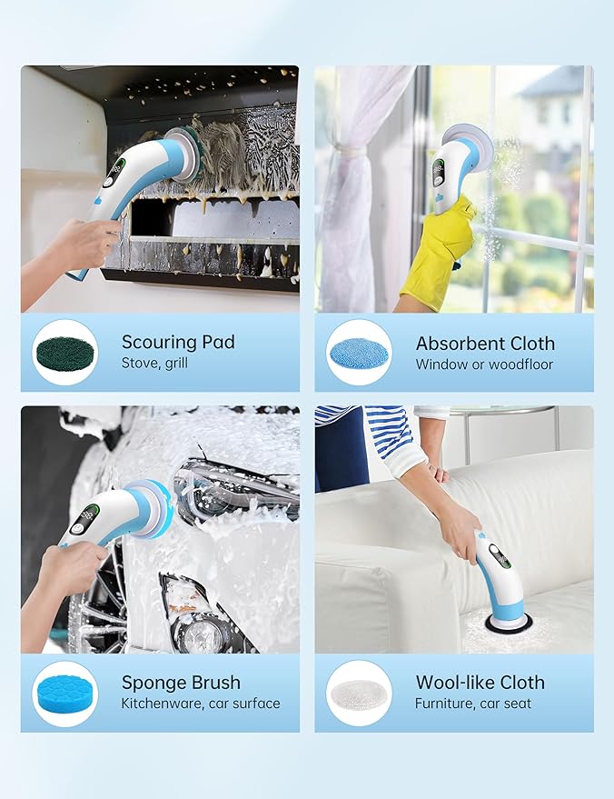Electric Spin Scrubber with LED Display, IPX7 Waterproof Powerful Shower Scrubber, 2H Runtime, 2 Speeds, Adjustable Handle, 8 Brush Heads for Bathtub Tile Car-Blue and White