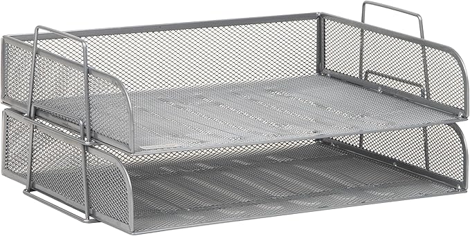 Mind Reader Stackable Paper Tray, Desktop Organizer, File Storage, Office, Metal Mesh, 13.25" L x 9.75" W x 6.25" H, 2 Pcs., Silver