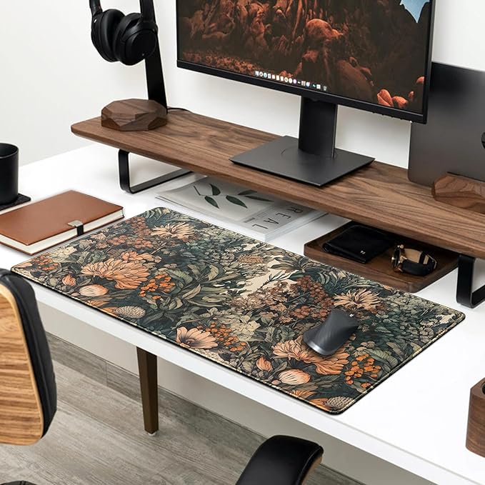 Flower Vintage Desk Pad Aesthetic Desk Mat Flower Mouse Pad Computer Big Mousepad Non-Slip Base Gaming Keyboard Giant Mouse Pad Computer Mat for Laptop Office with Stitched Eges 31.5x11.8 in