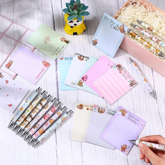 24 Pcs Sloth Sticky Notes with Pens Sloth Themed Gifts Women Party Favors Cute Notepad Memo Notes Pads Black Ink Ballpoint Pen for Animal Lover Christmas Gifts Office School Students Teacher Supplies