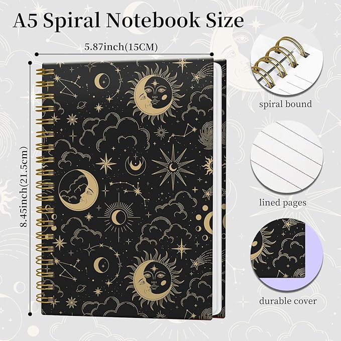 Spiral Notebook Journal for Women Men, A5 Hardcover Journal, 120 Pages Thick Paper, College Ruled Writing Notebook for School, Work & Office 8.3'' × 5.9''(Star Sun Moon)
