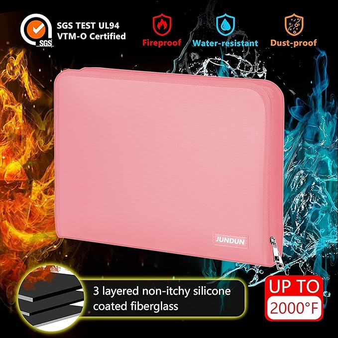 JUNDUN Accordion File Organizer - Fireproof Accordion Folder with Zipper & Labels - 12 Pocket Expanding File Folder with Multi-Pockets Paper Organizer Folder for Letter A4 Files and More (Pink)