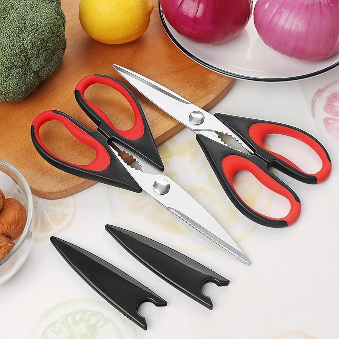 Kitchen Scissors, Stainless Steel Blades, Soft Grip, Multi-Purpose Kitchen Scissors Set, Red/Black, Set of 2