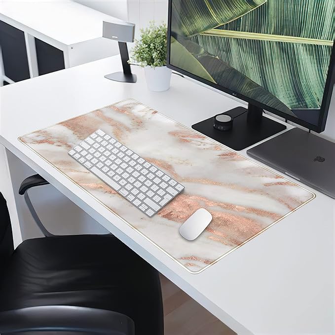 Rose Gold Marble Desk Mat Cute Desk Decor Mouse Pad, Abstraction Metallic Luxury Large Gaming Mousepad (31.5x15.75 in), Women Girly Keyboard Mat Computer Desk Pad for Work/Office/Home