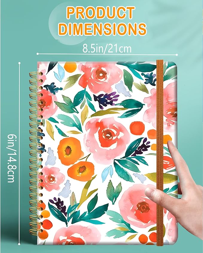 Ruled Spiral Writing Notebook,A5 Hardcover Lined College Journal for Women,Strong Twin-Wire Binding with Premium Paper,8.4" X 6",Perfect for School,Office,Home(Pink Flowers)