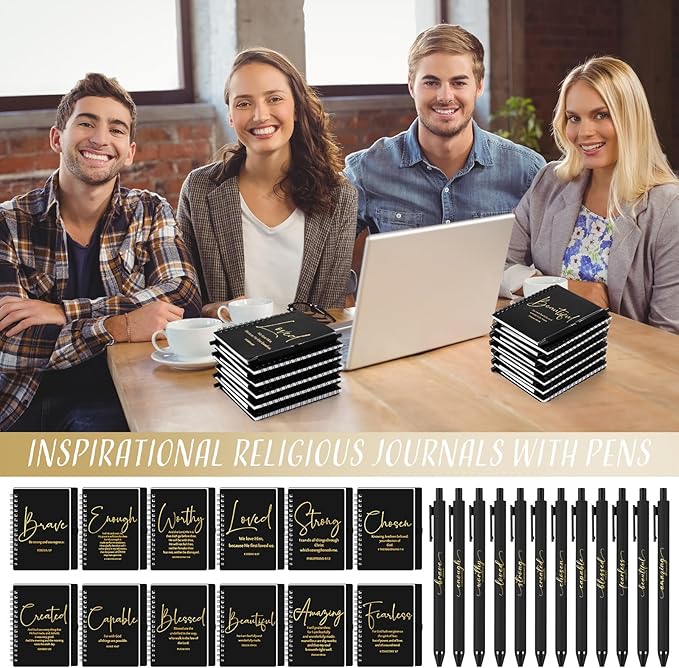 Kosiz 48 Sets Inspirational Christian Gifts Bulk Christian Notebooks Prayer Journals with Pens Spiral Bible Journals Religious Gifts for Church Grandparent Pastors Day Sunday School (Black)