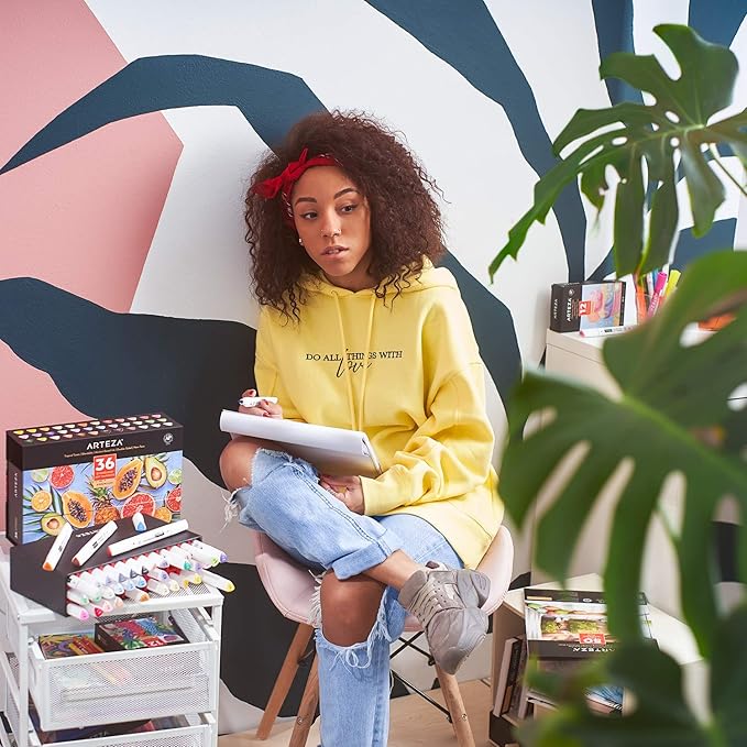 ARTEZA Alcohol Art Markers, Set of 36 Colors, Tropical Tones, Everblend Sketch Pens in Organizer Box, Dual Tips