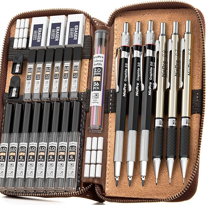 Nicpro 30PCS Art Mechanical Pencil Set in Leather Case, Metal Drafting Pencil 0.5 mm, 0.7 mm, 0.9 mm & 3 PCS 2mm Lead Holders for Sketching Drawing With 16 Tube (6B 4B 2B HB 2H 4H Colors) Lead Refills