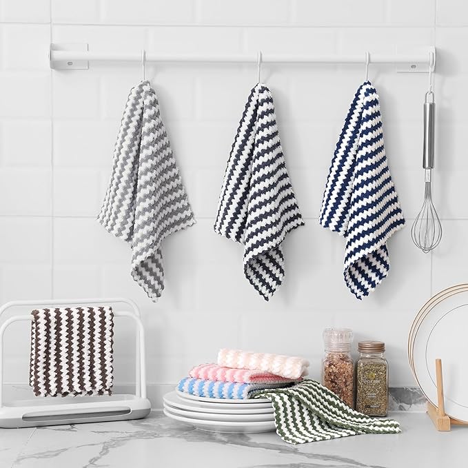 Homaxy 24 Pack Kitchen Dish Cloths, Ultra Soft and Absorbent Dish Towels, Reusable Fast Drying Microfiber Cleaning Cloth, Coral Velvet Wave Design No-lint, 10 x 10 inches, Blue