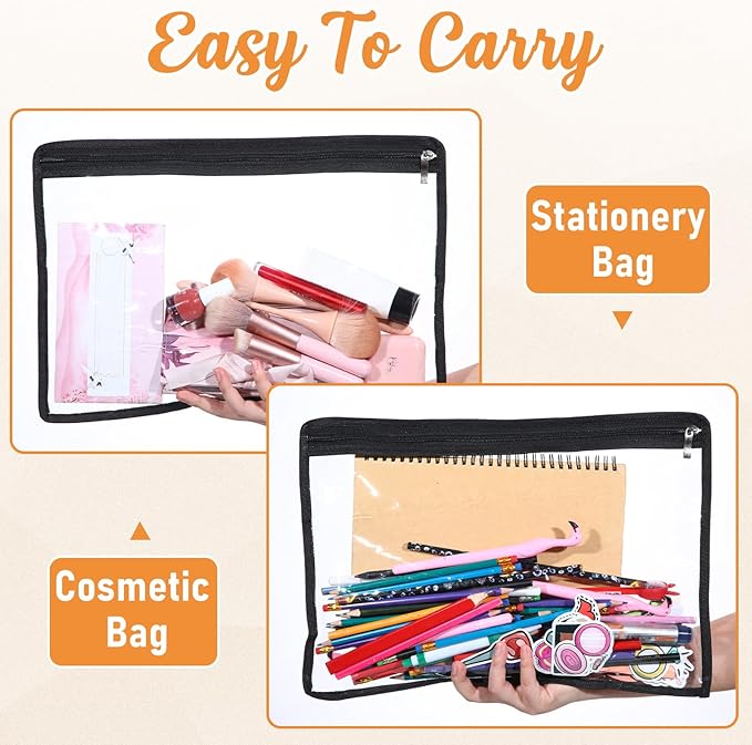 Outus 8 Pcs Clear Zipper Pouches Pencil Pouches PVC Makeup Pouch Envelopes Folder Storage Multi Purpose Pouch Document File Organization Bags, Office Supplies (Black Edging,15.3 x 10.8 Inch)