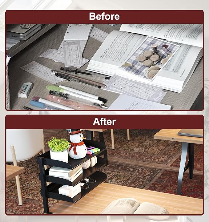 3 Tier Clamp On Desk Organizer Shelf,Large Clip Desktop or Under-Desk Adjustable Metal Storage Tray, Computer Table Organizer for Office Desk