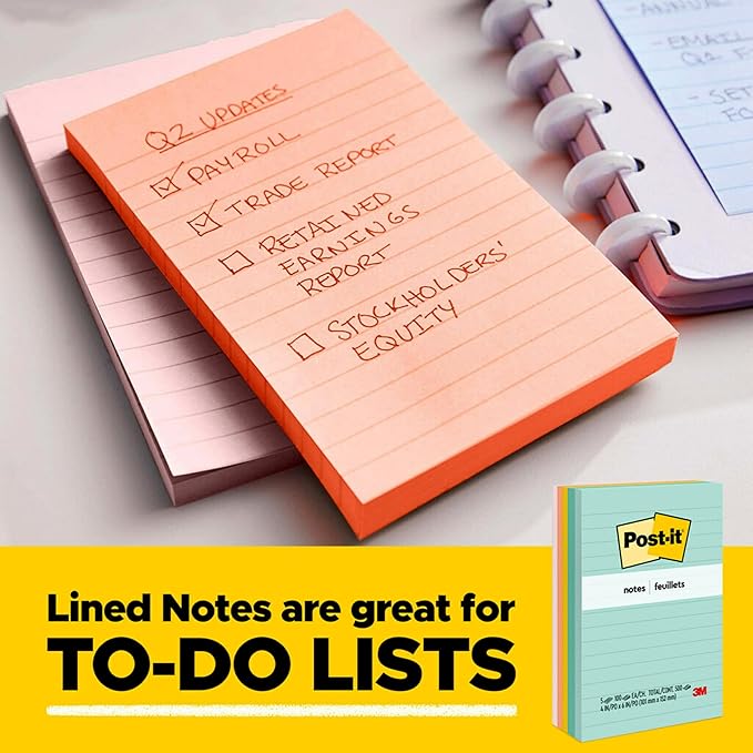 Post-it Notes, 4 in x 6 in, 5 Lined Sticky Note Pads, 100 Sheets per Pad, Beachside Café Collection, School Supplies and Office Products