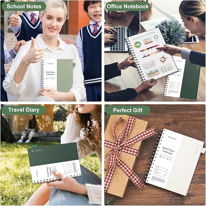 EMSHOI Lined Journal A4 Spiral Notebook, College Ruled Notebook, 300 Pages/150 Sheets, 100gsm Acid-Free Paper, Waterproof Softcover Notebook for School, Work, Writing, 8.27" × 11.2" - Light Green