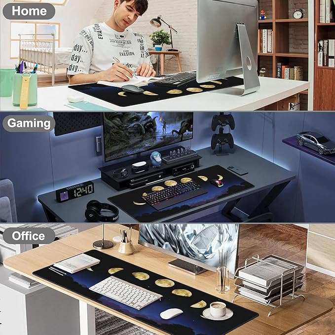Mouse Pad, Large Moon Phase and Forest Desk Mat, Extended Non-Slip Gaming Keyboard Mousepad Desk Pad, Thick Stitched Edges Waterproof Mouse Mat 31.5"x15.7" (Moon Phase Changes)