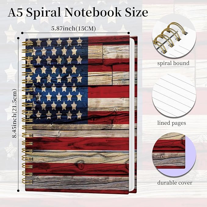 Spiral Notebook Journal for Women Men, A5 Hardcover Journal, 120 Pages Thick Paper, College Ruled Writing Notebook for School, Work & Office 8.3'' × 5.9''(Vintage Wood American Flag)
