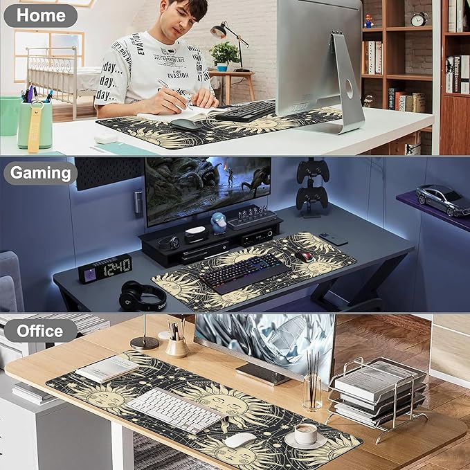 Mouse Pad, Large Golden Sun with a Face and Orbits Desk Mat, Extended Non-Slip Gaming Keyboard Mousepad Desk Pad, Thick Stitched Edges Waterproof Mouse Mat 31.5"x15.7" (Boho Pattern)