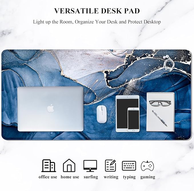 Auhoahsil Large Mouse Pad, XXL Desk Pad, Extened Mousepad 31.5" x 11.8", Non-Slip Rubber Base, Stitched Edges, Superior Surface, Gaming Keyboard Mat, Waterproof Desk Pad, Ink Navy Marble