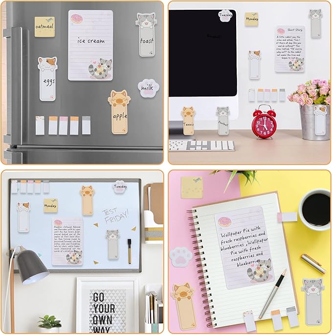 Xqumoi Cute Cartoon Cat Sticky Notes Set, 550 Sheets, Lovely Cat and Paw Shaped Self-Stick Notes Pads Kitty Animal Divider Tabs Bundle Writing Memo Pads Back to School Office Supplies Small Gift