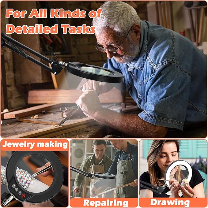 10X Magnifying Glass with Light and Stand, Real Glass Lens Magnifying Desk Lamp, Lighted Magnifier with Light Stepless Dimming Hands Free for Craft, Reading, Painting, Sewing, Solder