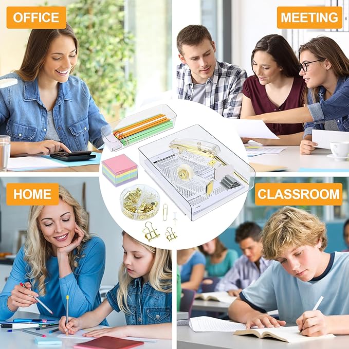 Buqoo Gold Acrylic Sticky Note Holder with 5 Pack Sticky Notes, Stapler and Tape Dispenser Cutter with Staple Remover, Scissor, Ballpoint Pen, Sticky Notes, Paper Clips, File Tray