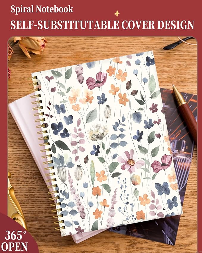 Spiral Journal Notebook for Women,A5 College Ruled Notebooks 6"x 8.4", 120 Pages Lined Journal with Premium Thick Paper,Perfect for School Office Home Gifts(Watercolor rustic floral)